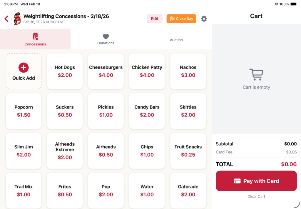 Product Menu — tap any item to add to cart