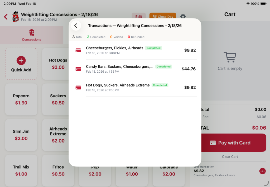 Transaction Log — all sales tracked in real time